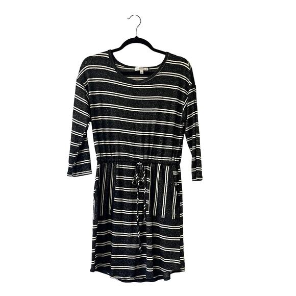 Moa Moa SWEATER DRESS Womens SM Black White Striped Knit Pockets Tie Waist Belt - Picture 5 of 10